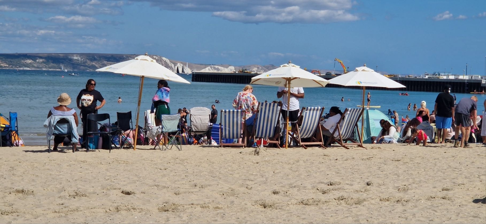 Gathering of people under umbrellas on Weymouth beach